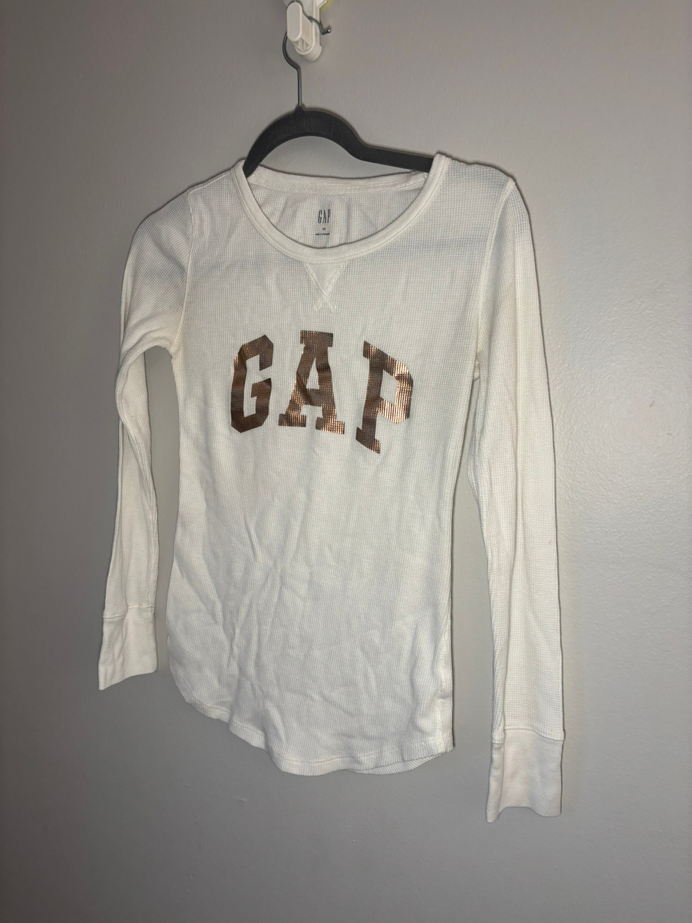 Gap Ivory Waffle Knit Long Sleeve Shirt Logo Womens Size XS